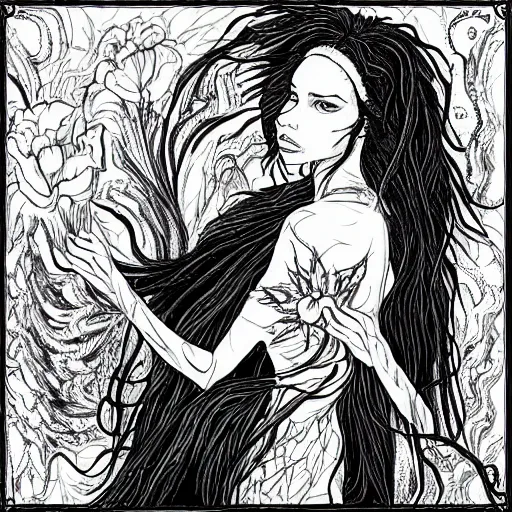 Image similar to black and white pen and ink!!!!!!! sorcerer beautiful attractive long hair Zoë Kravitz wearing High Royal flower print robes flaming!!!! final form flowing ritual royal!!! Contemplative stance Vagabond!!!!!!!! floating magic witch!!!! glides through a beautiful!!!!!!! Camellia!!!! Tsubaki!!! death-flower!!!! battlefield behind!!!! dramatic esoteric!!!!!! Long hair flowing dancing illustrated in high detail!!!!!!!! by Hiroya Oku!!!!!!!!! graphic novel published on 2049 award winning!!!! full body portrait!!!!! action exposition manga panel black and white Shonen Jump issue by David Lynch eraserhead and beautiful line art Hirohiko Araki!! Frank Miller, Kentaro Miura!, Jojo's Bizzare Adventure!!!! 3 sequential art golden ratio technical perspective panels horizontal per page