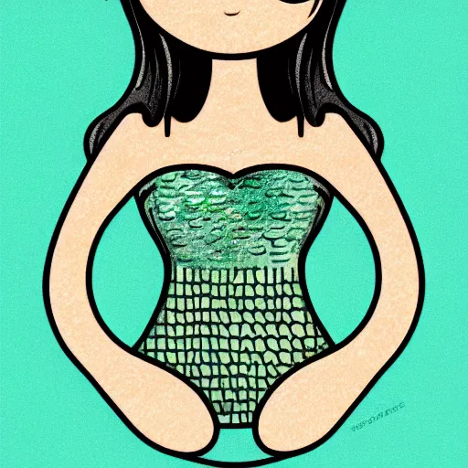 Prompt: Drawing of a mermaid with green eyes, nice round face, mermaid body, with childish style, highly detailed, vector digital painting svg