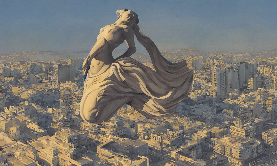 Prompt: digital painting, birds eye view of a massive greek sculpture a beautiful massive female statue surrounded hovering over tel aviv, by syd mead and jack kirby, color scheme, kirby crackle, arik roper, concept art