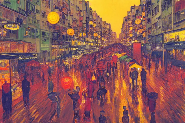 Image similar to dream festival, revelers playing games and shopping at a night market, low angle view from a city street lined with shops and apartments, glowing street signs, city like hong kong, tokyo, barcelona, oil painting by edvard munch, beksinski, alphonse mucha, trending on artstation