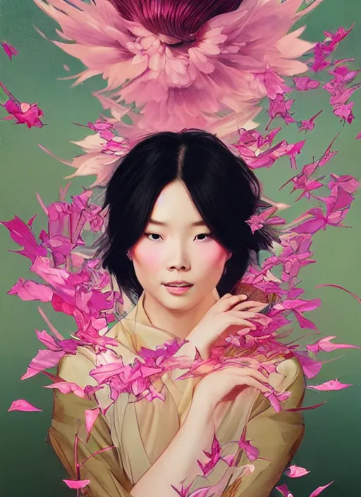 Prompt: portrait of mulan, flowers, pink spike aura in motion, floating pieces, painted art by tsuyoshi nagano, greg rutkowski, artgerm, alphonse mucha, spike painting