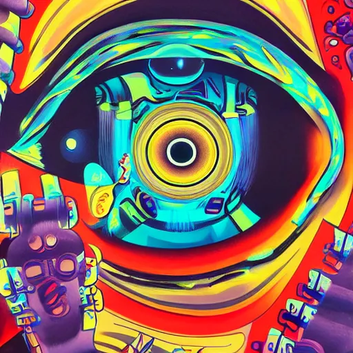 Prompt: a painting of an eye surrounded by various objects, cyberpunk art by lale westvind, behance contest winner, cubo - futurism, tesseract, biomorphic, psychedelic