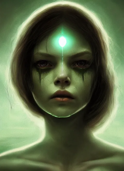 Prompt: portrait of a ominous girl, perfect glowing green eyes, pale white detailed reptile skin, ultra realistic, cinematic lighting, depth of field, artstation, Seb McKinnon