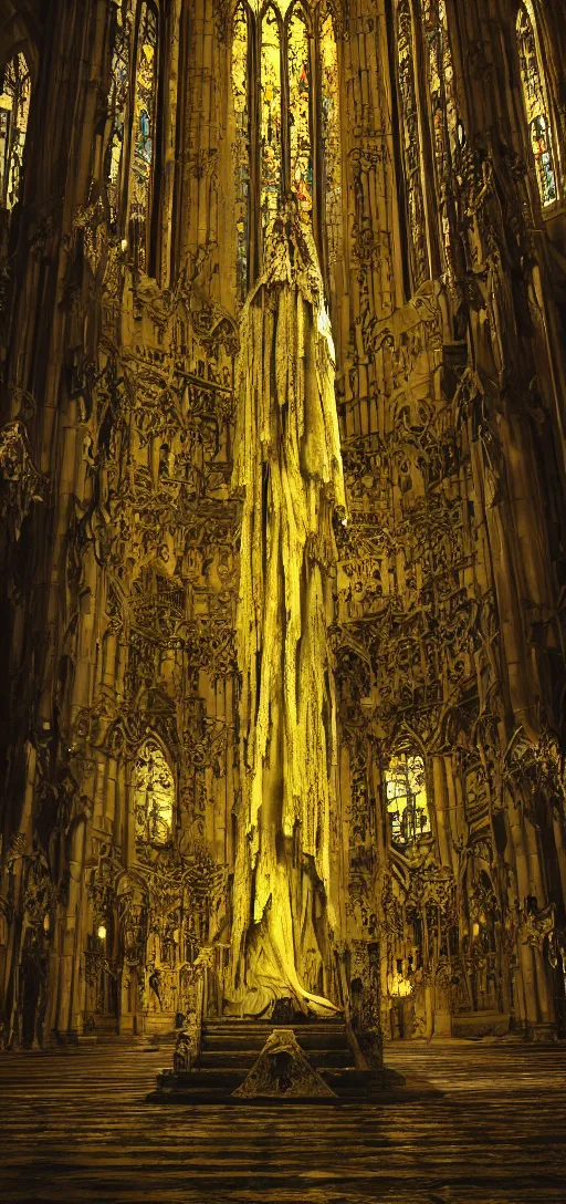 Image similar to a tall pale humanoid being sitting upon an ornate stone throne, 4K, digital art, horror, dramatic, wearing a long yellow rotting garment, dark, hyperrealistic, perspective, complex black church background with volumetric lights coming in through cathedral windows,