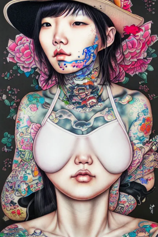 Image similar to full view of taiwanese girl with tattoos, wearing a cowboy hat, style of yoshii chie and hikari shimoda and martine johanna, highly detailed