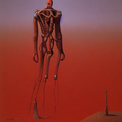 Image similar to i - robot as a zdzisław beksinski painting, surreal, godlike, red shading