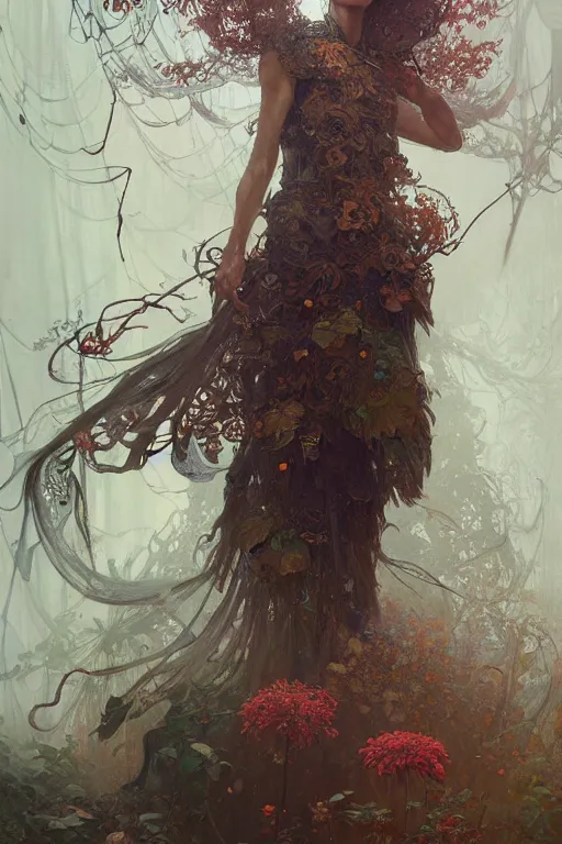 Prompt: an insanely detailed oil painting of a tall woman and the death, intricate detailed leaves, spiderweb, mycelia, by ruan jia, fantasy, hyper detailed, colorfull, concept art, by greg rutkowski, by alphonse mucha, by moebius