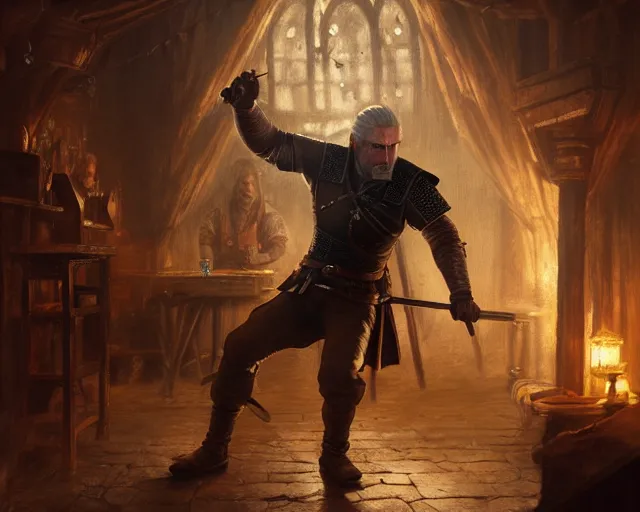 Image similar to 5 5 mm portrait photo of geralt of rivia dancing in a tavern. magical atmosphere. art by greg rutkowski. highly detailed 8 k. intricate. lifelike. soft light. nikon d 8 5 0.