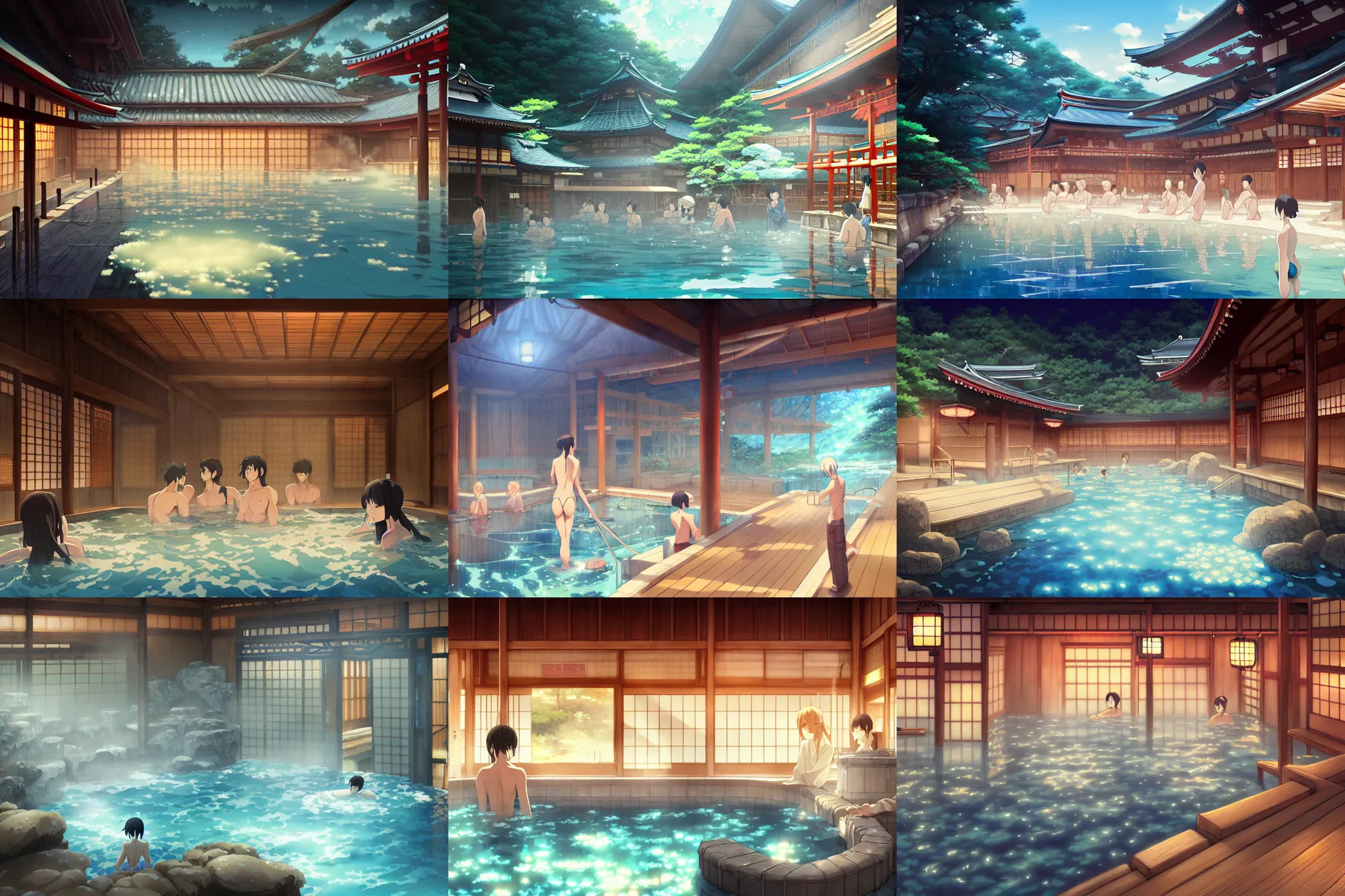 Prompt: a japanese onsen, key visual, a digital painting by makoto shinkai and james gurney, trending on artstation, highly detailed