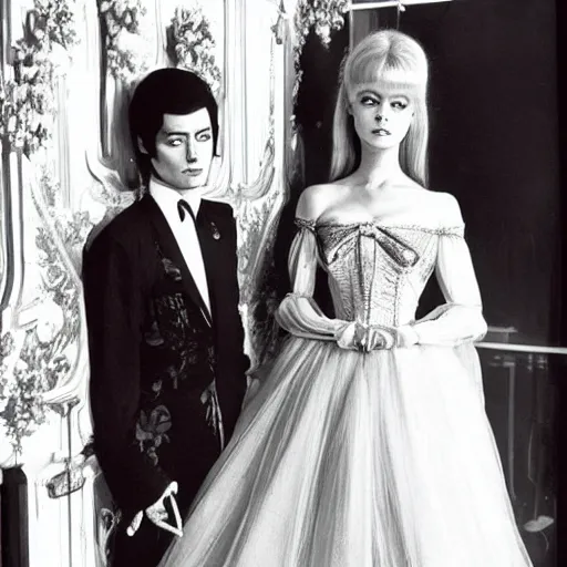 Prompt: 1 9 6 0 s symmetrical pretty elegant brigitte bardot as a vampire with alain delon, very detailed intricate style of takato yamamoto lots of flowers