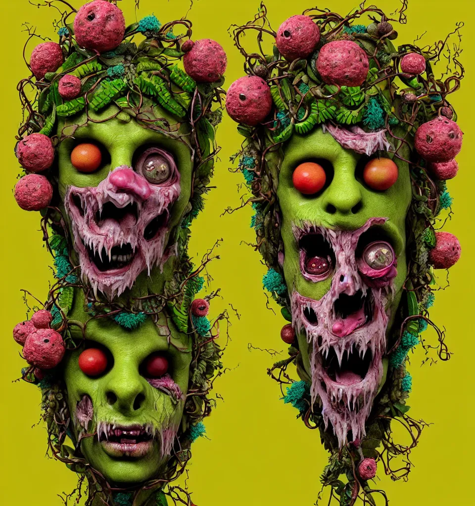 Image similar to headshot of a trickster nature zombie, head made of fruit and flowers in the style of arcimboldo, covered with tendrils and vines, made by greg rutkowski, digital illustration, dynamic lighting, action figure, clay sculpture, claymation, turquoise pink and green, rainbow backdrop