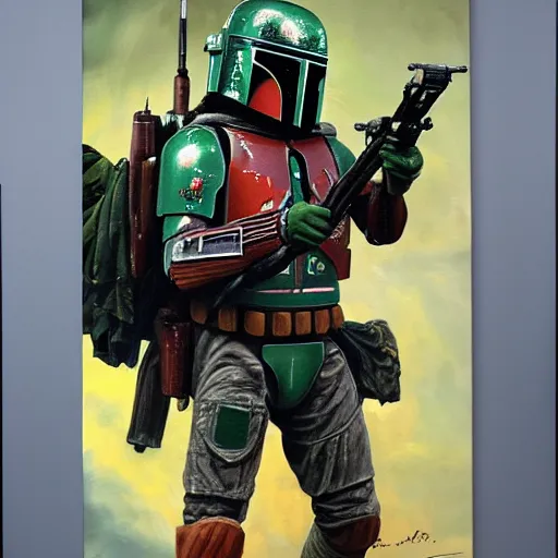 Prompt: A Hyperdetailed Award Winning Masterpiece Oil Painting of Boba Fett, 8K