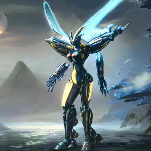 Image similar to epic cinematic shot of a hot anthropomorphic robot mecha female dragon the size of a goddess, taller than the planet, clouds at her ankles, walking on the planet, detailed warframe fanart