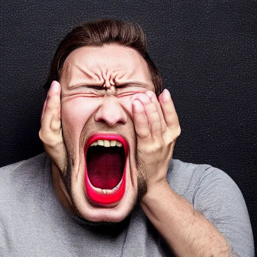 Prompt: photo of a femenine horrified guy shouting and covering his ears