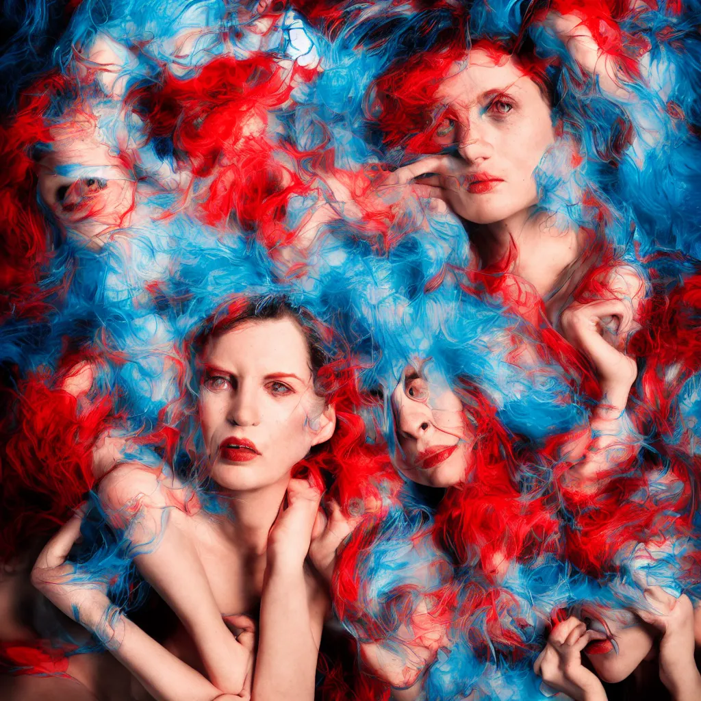 Prompt: an amalgamation of many faces, photograph, blue and red professional studio lights, gaze, editorial model, photo, annie leibovitz, steve mccurry, david lazar, 3 5 mm, f 2. 8, 8 k, detailed