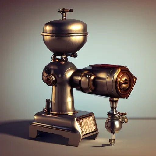 Image similar to a retrofuturistic mechanical coffee grinder, ultra detailed, octane render, 8 k, hyper realistic, studio lighting, realistic materials