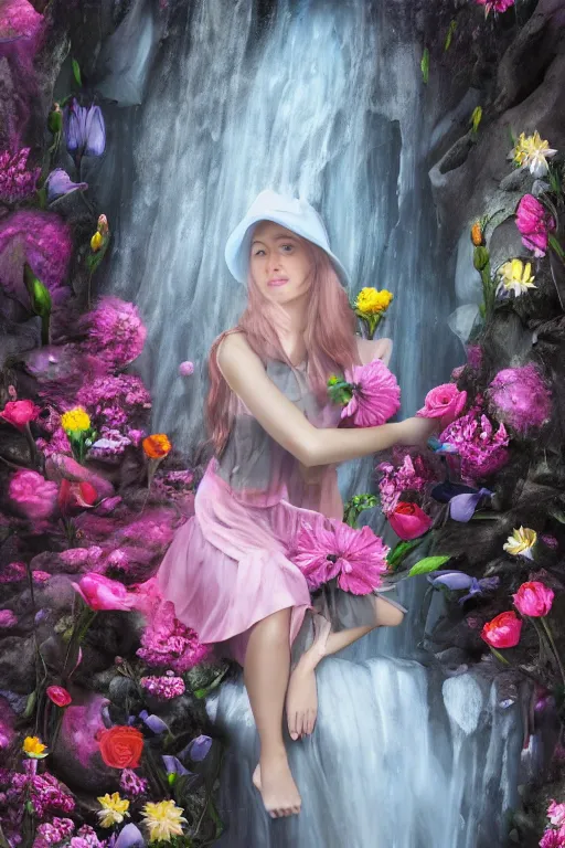 Image similar to oil painting, gray, pink, contrast, waterfall cave, redheaded girl wearing a hat of flowers and dress of fresh flowers, decorated with flowers, roses, lilies, chrysanthemums, irises, water drops, water jets, overhead light, high quality octane render 4 k, 8 k