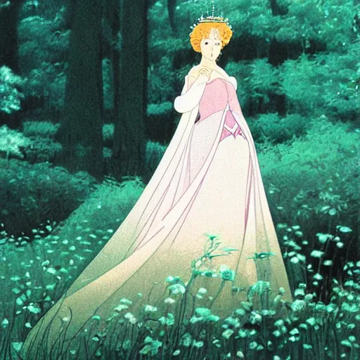 Prompt: a photograph, beauty & mystery of princess aurora. enigmatic smile and gaze invite us into her world, and we cannot help but be drawn in. soft features & delicate way she is dressed make her almost ethereal. landscape distance and mystery. what secrets princess aurora holds. sticker illustration by hayao miyazaki, by robert vonnoh swirling