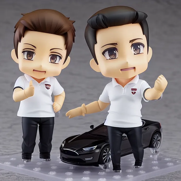 Image similar to a anime nendoroid of elon musk wear white polo shirt and black shoe, car tesla 3, figurine, product photo, detailed