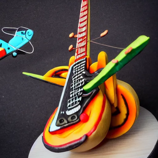 Image similar to an extremely high quality photo of a surreal helicopter-guitar-sandwich, the polymer clay creation, a hybrid mixture of sandwichguitarhelicopter and guitarsandwichelicopter, promotional photo, 4k food photography