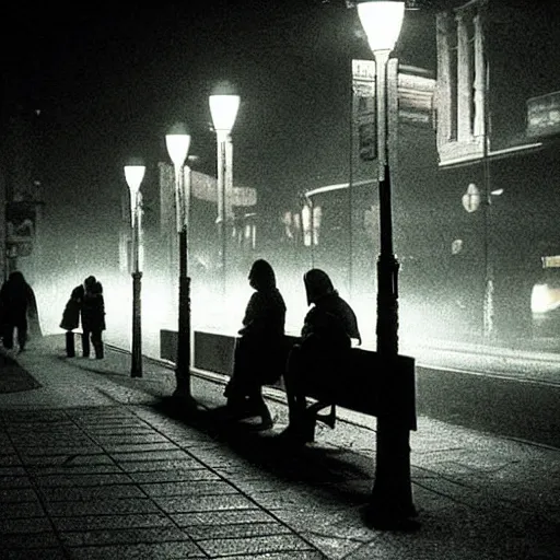 Image similar to a some people waiting in a lone bus stop in quiet dark city night, high quality, high resolution,detailed, from silent hill games