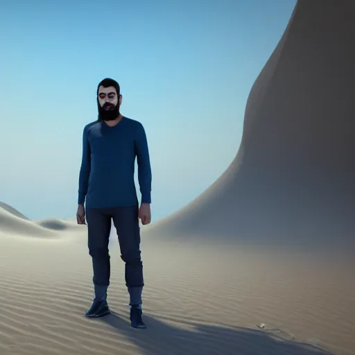 Image similar to real life photo of a Syrian man, short dark hair, goatee and moustache, blue watery eyes, full round face, short smile, serene desert setting, cinematic lightning, medium shot, mid-shot, highly detailed, trending on artstation, Unreal Engine 4k, 80mm, 85mm, cinematic wallpaper