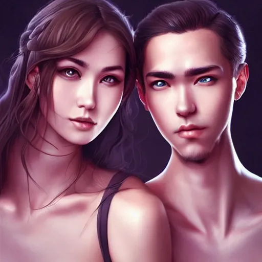 Image similar to perfectly centered symmetrical split male and female portrait of man and woman in love sharing one heart ; art by artgerm, photorealistic, highly detailed ; trending on artstation