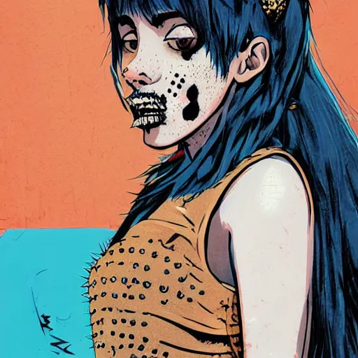 Image similar to Highly detailed portrait of a punk zombie latino young lady with freckles and spikey punk hair by Atey Ghailan, by Loish, by Bryan Lee O'Malley, by Cliff Chiang, was inspired by iZombie, inspired by graphic novel cover art !!!electric blue, brown, black, yellow and white color scheme ((grafitti tag brick wall background))