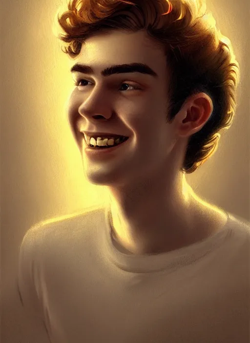 Image similar to portrait of teenage archie andrews, freckles, curly middle part haircut, curly hair, smiling kindly, friendly, 1 9 5 0 s, intricate, elegant, glowing lights, highly detailed, digital painting, artstation, concept art, smooth, sharp focus, illustration, art by wlop, mars ravelo and greg rutkowski