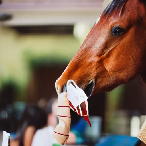 Image similar to a photo of a horse picking its nose, while in a cafe