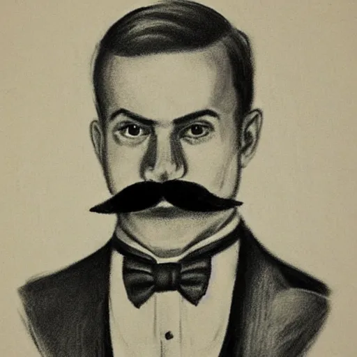 Prompt: charcoal portrait of an early 20th century occult detective mustache, bow tie