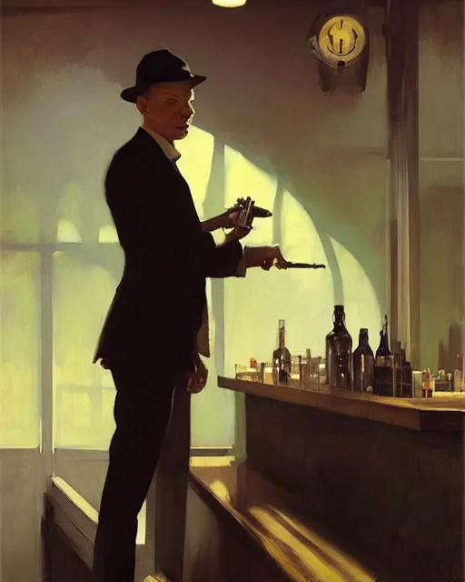 Image similar to young frank sinatra as a poor dystopian dieselpunk soviet bartender serving a client. art by greg rutkowski, gustave courbet, rosa bonheur, edward hopper. faithfully depicted facial expression, perfect anatomy, sharp focus, global illumination, radiant light, detailed and intricate environment, trending on artstation