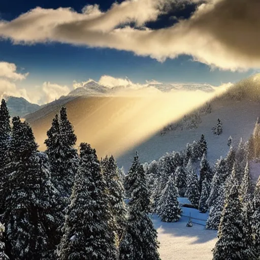 Image similar to snowfall over a beautiful mountain scene with sparse rays of sunshine