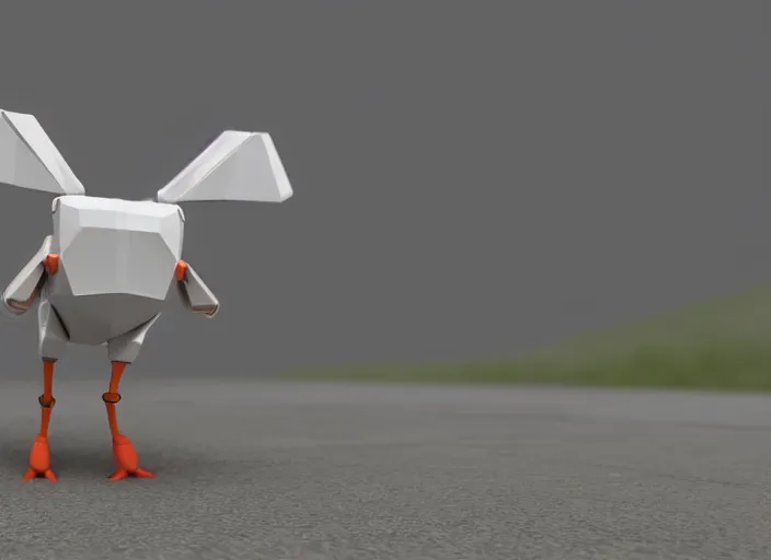 Prompt: Low-poly clay render of a cute robotic Goose saying hi with its wing; trending on artstation, Octane render, Unreal Engine, highly detailed