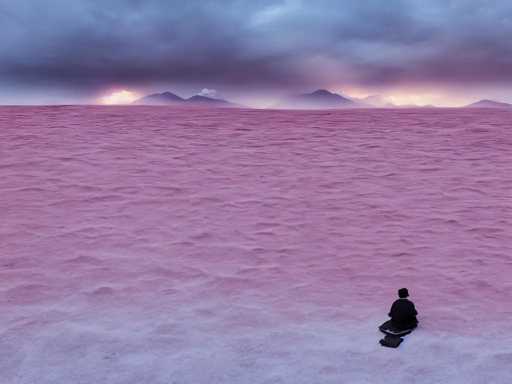 Image similar to lone japanese edo samurai sitting meditating in the middle of a soft glow pink desert with snow mountains and cloudy skies, long exposure, detailed, hyper realistic, photorealism, landscape, ultra wide angle view, peaceful, cinematic, volumetric lighting, god ray