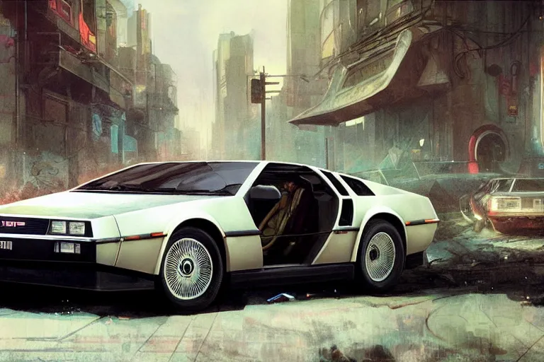 Image similar to photograph of the delorean, with a sleek spoiler, driving down the streets of a cyberpunk abandoned city, by greg rutkowski, by stanley artgerm, by alphonse mucha