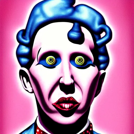 Image similar to graphic illustration, creative design, willy wonka with marilyn manson, biopunk, francis bacon, highly detailed, hunter s thompson, concept art