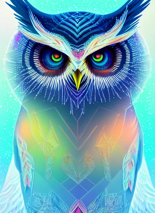 Image similar to symmetry!! product render poster vivid colors divine proportion owl, ice and snow, glowing fog intricate, elegant, highly detailed, digital painting, artstation, concept art, smooth, sharp focus, illustration,