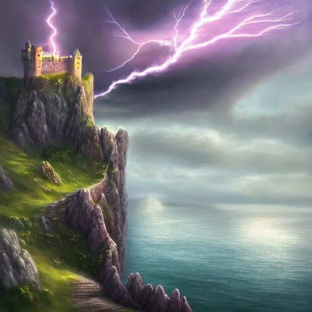 Prompt: epic professional digital art of Lightning striking a castle on a cliffside by the sea during a gloomy day in the Scottish highlands, soft pastel colours, best on artstation, breathtaking, epic, stunning, gorgeous, much detail, much wow, cgsociety, wlop, pixiv, behance, deviantart, masterpiece, UHD, 8K