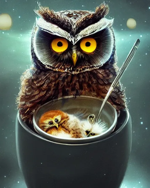 Image similar to long shot of a very cute owl chick nesting in a very futuristic cup, esao andrews, humorous illustration, hyperrealistic, big depth of field, warm colors, night scenery, low light, 3 d octane render, 4 k, conceptart, hyperdetailed, hyperrealistic, trending on artstation