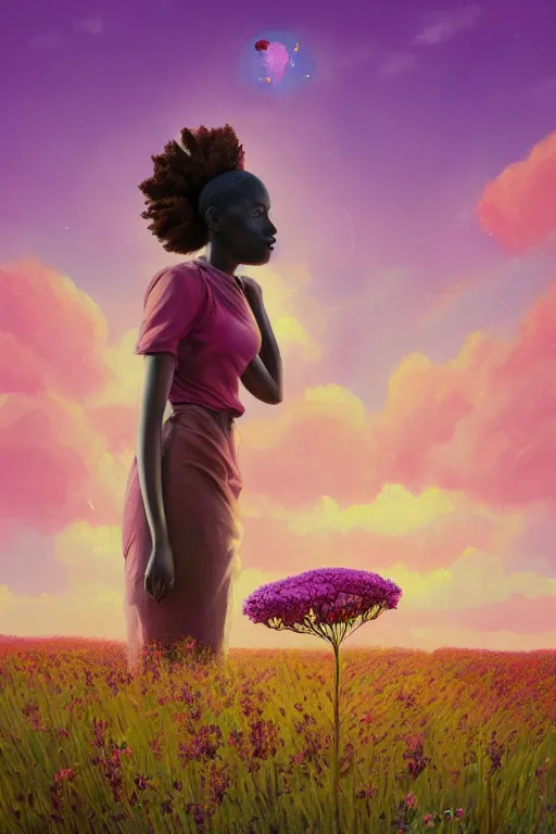 Prompt: closeup, gigantic flower as head, an african woman in heather field, surreal photography, golden hour, colorful clouds, impressionist painting, digital painting, artstation, simon stalenhag