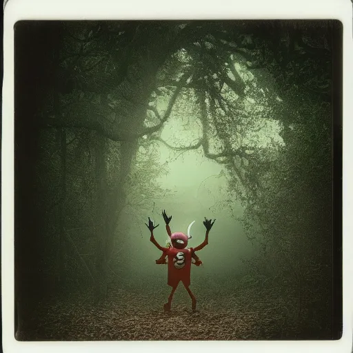 Image similar to eerie polaroid of a creepy clown peaking out from behind a tree in a forest at dusk