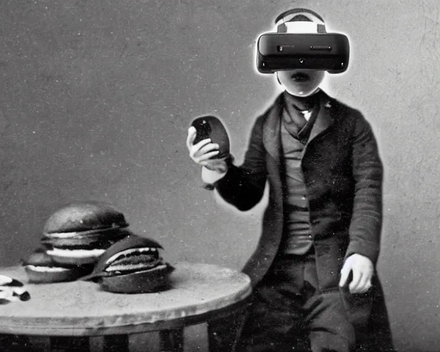 Prompt: an early 1800s photo of someone with a virtual reality headset, a tablefull of Big Macs behind them