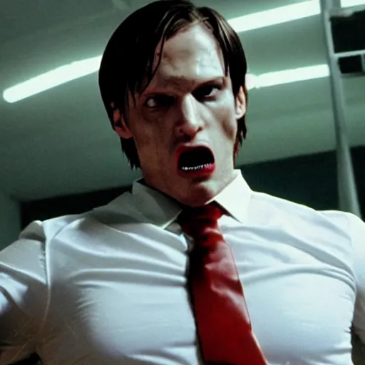 Image similar to Leon Kennedy from Resident Evil as The American Psycho, sweating intensely, cinematic still