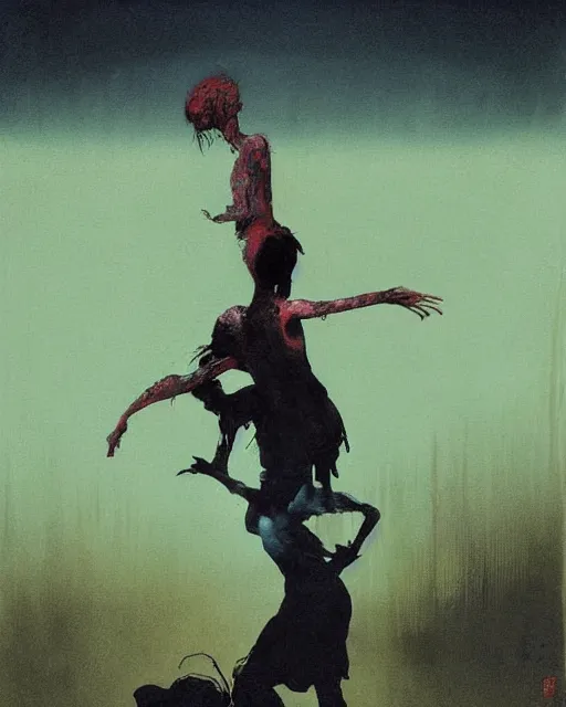 Image similar to Two dark figures dancing in the cold decayed factor in the style of Francis Bacon, Esao Andrews, Zdzisław Beksiński, Edward Hopper, painted by James Gilleard, surrealism, airbrush, very coherent, triadic color scheme, art by Takato Yamamoto and James Jean