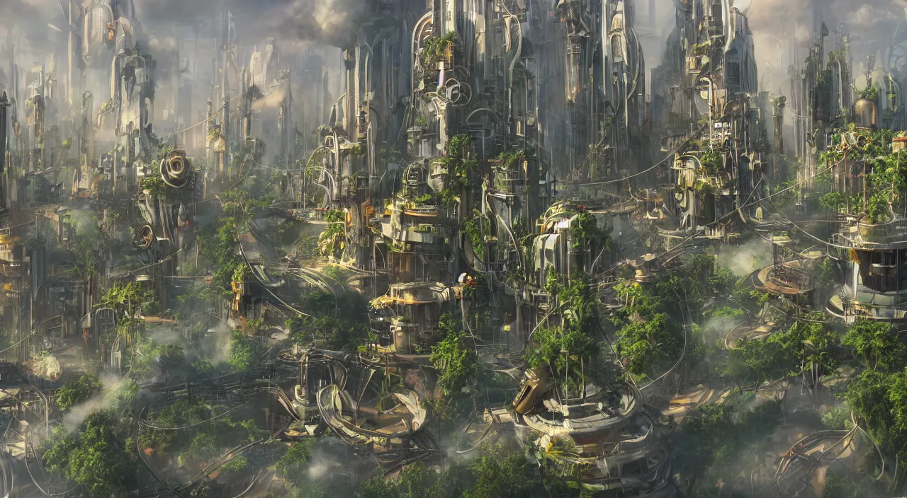 stabilityai/stable-diffusion · A solarpunk city, light, HD, pure, sharp  focus, nature, forest, city, utopian, 16:9