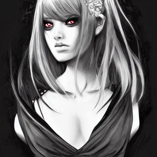 Prompt: princess of darkness, style of artgerm comic, red, piercing eyes, long glowing black and white hair, waterhouse, character art, headshot, matte