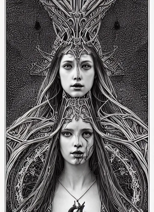 Image similar to beautiful priestess girl tarot card portrait, biomechanical, intricate artwork masterpiece, majestic, elden ring cinematic lighting, volumetric 8 k, by apollonia saintclair, josan gonzalez, zdizslaw beksinski, edmund leighton, kilian eng, trending on cgsociety, 8 k