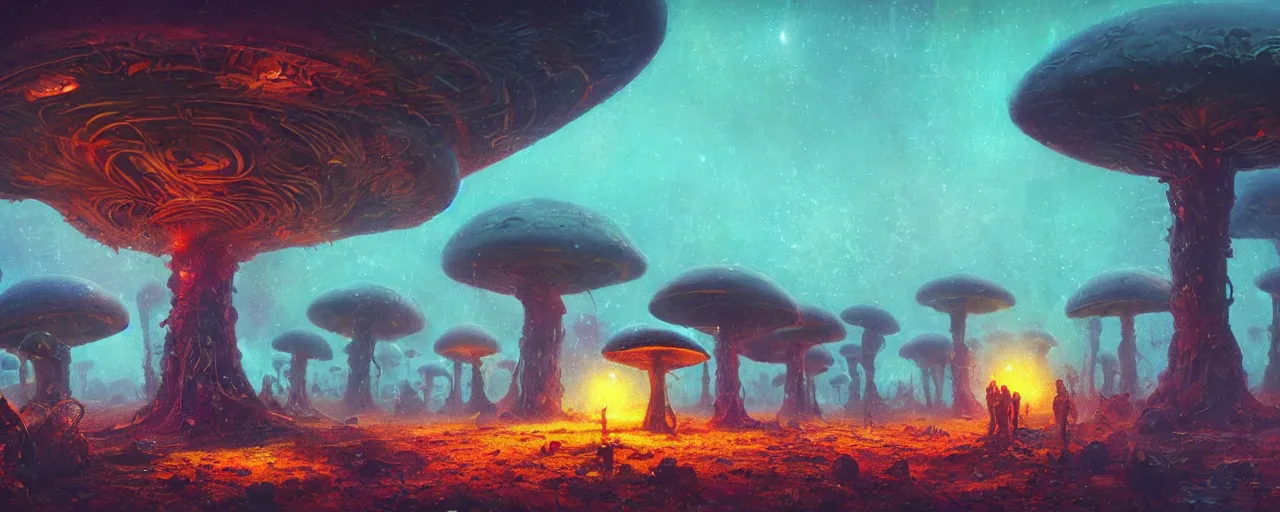 Image similar to ” partly eaten alien mushrooms, [ by paul lehr, cinematic, detailed, epic, widescreen, opening, establishing, mattepainting, photorealistic, realistic textures, octane render ] ”