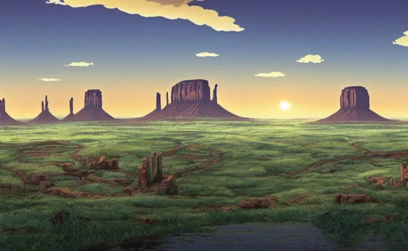 Image similar to a hyperrealist cell - shaded cartoon movie still from howl's moving castle ( 2 0 0 4 ) of a city in a flooded monument valley. rainforest stonehenge is seen in the background with shafts of sunlight from above. very dull muted colors, hd, 4 k, hq